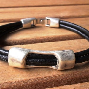 Silver and Leather mens bracelet, friendship couples bracelet, men cuff bracelet, handmade silver mens jewelry, unique gifts for men image 1