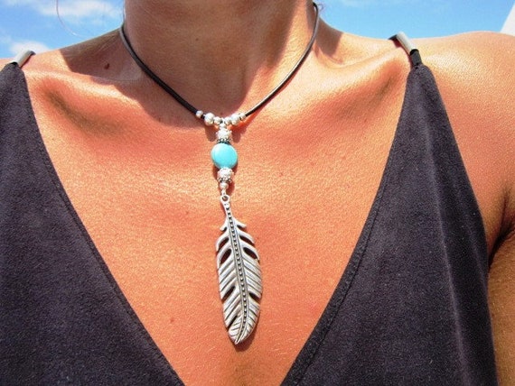 feather necklace, silver feather, turquoise necklace, bohemian necklace, feather charm, native american necklace, blue necklace, chokers