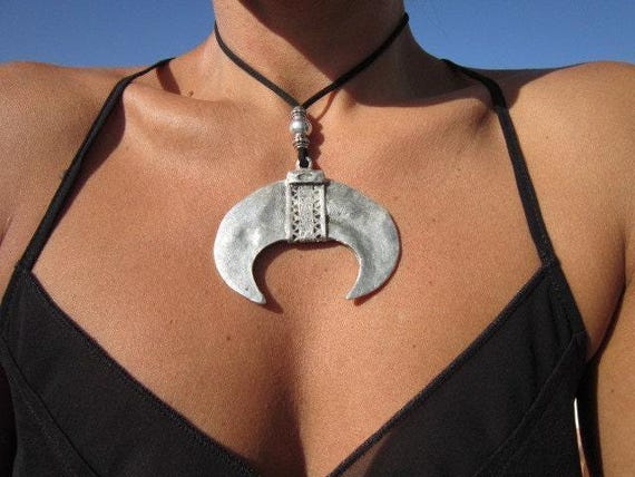 Statement Silver Chunky Pendant leather crescent moon Necklace • Bohemian Jewelry Best Selling Items • Gift for Her • Neotribal Jewelry