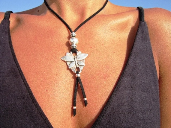 long leather necklace, butterfly necklaces, butterfly pendant, bohemian jewelry, boho necklace, silver jewelry, fashion jewelry