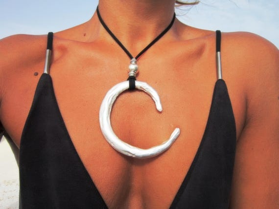 Statement Silver Chunky Pendant leather Necklace • Bohemian Jewelry Best Selling Items Boho Necklace
