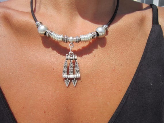 womens leather choker necklace, boho bohemian jewelry, silver unique necklaces, handmade etsy jewelry