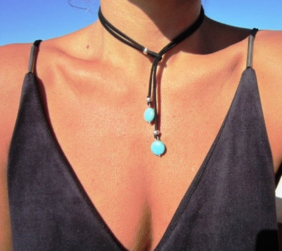 turquoise leather necklace, lariat y shaped necklace, turquoise jewelry silver  bohemian jewelry