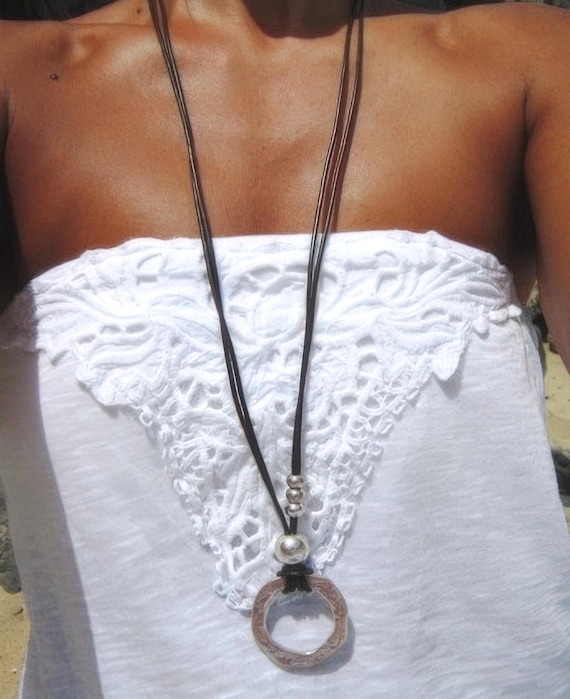 Eternity collar Silver Pendant Beaded Ring Necklace • Long Layered Chunky Necklace Gift for her