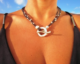 Silver Beaded Leather Choker Necklace • personalized Matching Couples Necklaces for Women • Bohemian Handmade Jewelry • Best selling items