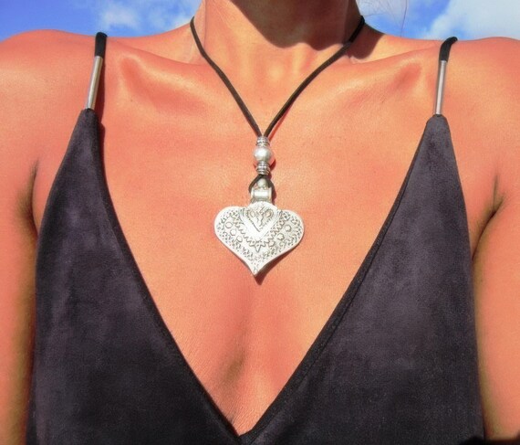 Boho Leather and Silver Beaded Pendant Heart Necklace • Couples Long Statement Chunky Charm Necklace