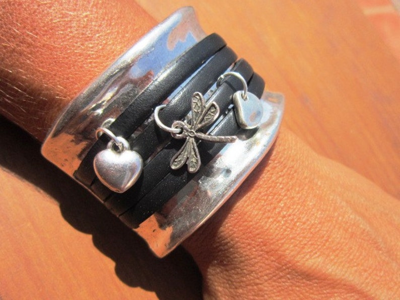 cuff bracelet black bracelet silver bracelet leather image 2