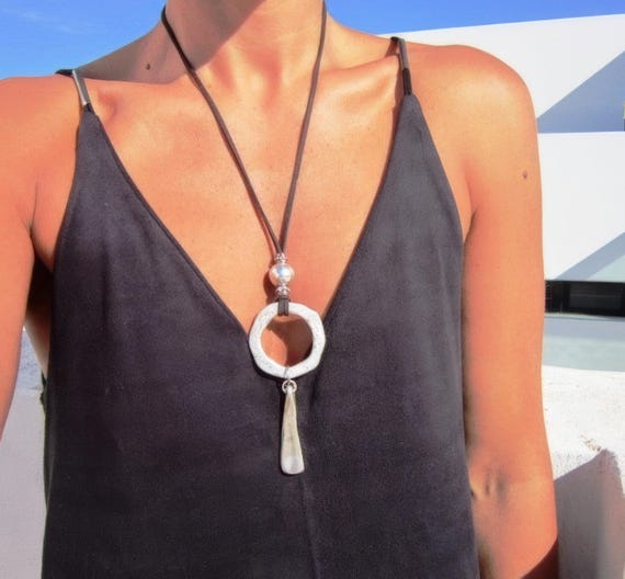 leather and Silver Everyday Pendant Beaded Ring Necklace • Long Layered Chunky Necklace
