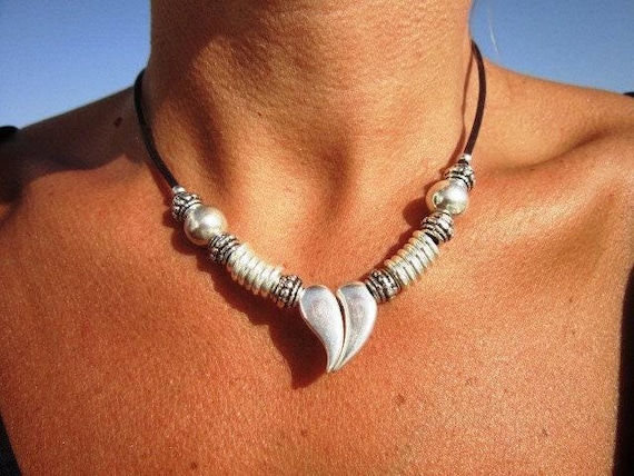 Couples Beaded Necklace with Silver Heart Pendant Charm • Bohemian Handmade jewelry Necklaces for Women • Personalized Jewelry Gift for Her