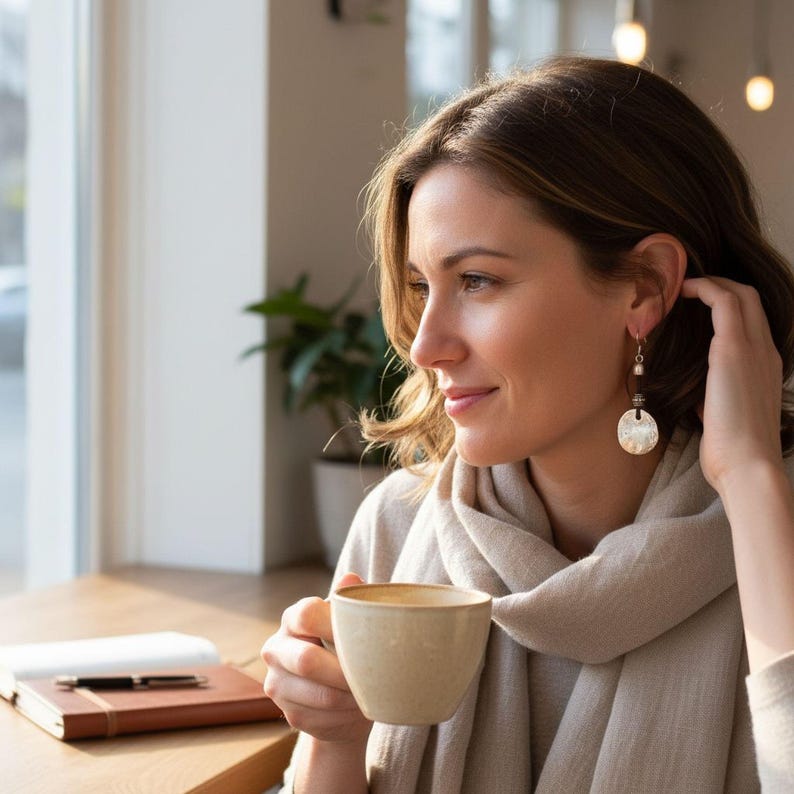 A woman in a beige scarf is sitting at a table, holding a cup of coffee and looking out the window.