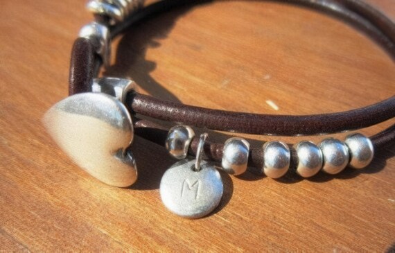 Personalized Leather & Silver Beaded initial Bracelet Gifts • Handmade Bohemian Jewelry • Birthday Gift or Custom Jewelry Gift for Her