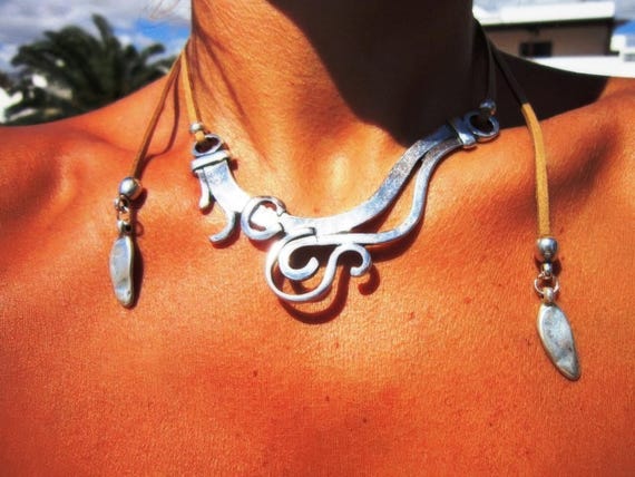 Statement Silver Chunky Pendant leather Necklace • Bohemian Neotribal Jewelry gift for her