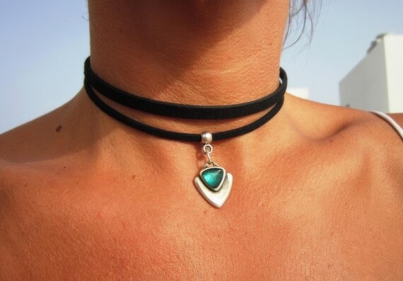 Bohemian Leather Choker Necklace beaded with green charm • silver necklaces for women