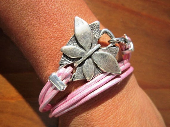 pink butterfly bracelet, butterfly jewelry, womens bracelets, silver bracelet, leather bracelet, wrap Bracelets, fashion jewelry