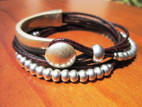 Leather & Silver Charm Beaded Bracelet • Handmade Jewelry Gift for Her • Custom Bracelet Gift • Personalized Jewelry Gifts by Kekugi