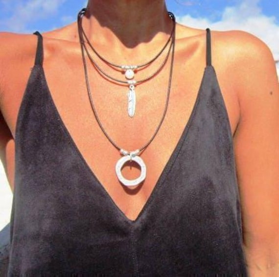 Layered Silver Beaded Necklace with charm • Couples Necklace with Charm • Handmade Personalized Bohemian Jewelry Gift for Her by Kekugi