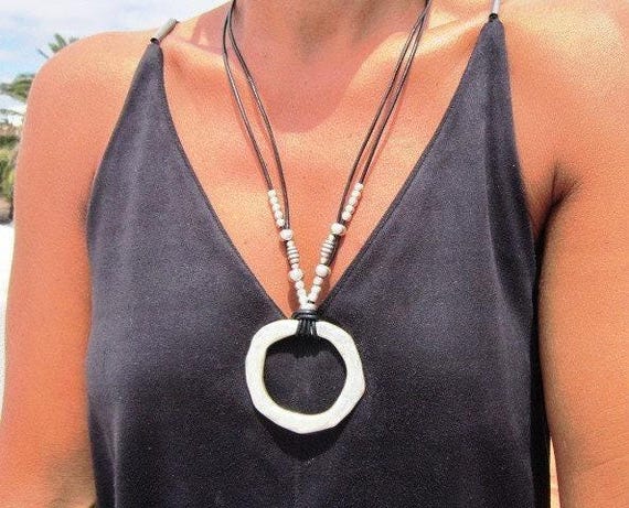 Boho Leather and Silver Beaded Pendant Ring Necklace • Long Statement Chunky Charm Necklace Gift for Her • Bohemian Jewelry Gift for Her