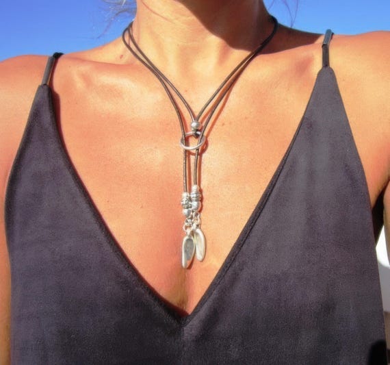 Feather Lariat Necklace Long Silver Y Necklace  Fashion Jewelry with Ring Accent