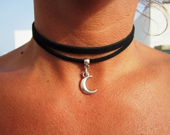 Moon necklace, moon choker, moon and stars,moon charm, moon jewelry, handmade jewelry, etsy jewelry, silver necklace, Women's fashion