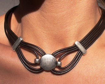 Leather Statement Necklace • Silver Plated Beaded Pendant, Boho Jewelry