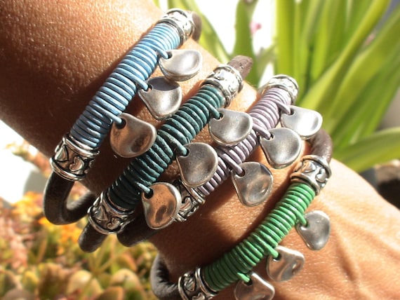 Bohemian Leather and Silver Beaded Bracelet Jewelry • Handmade Personalized Jewelry Gifts • Custom Bracelet Gift for Her by Kekugi