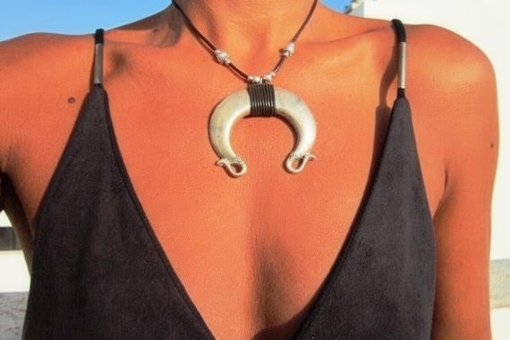 Silver beaded Necklace featuring a crescent moon Pendant Charm • Bohemian Personalized Handmade Jewelry • Best selling items Gift for her