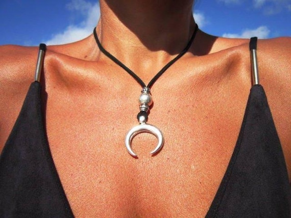 Boho Leather and Silver Beaded Crescent Moon Pendant Necklace • Long Statement Chunky Charm Necklace Gift for Her • Bohemian Jewelry