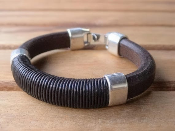 Leather & Silver Mens Bracelet • Matching Couple Bracelets • Custom mens bracelet Gift for him • Best Selling Items jewelry by Kekugi