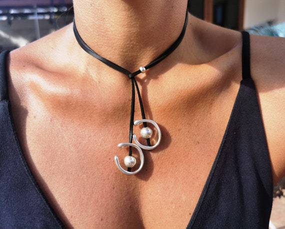 lariat y necklace, statement leather necklace for women, handmade jewelry pendant necklace, boho silver jewelry