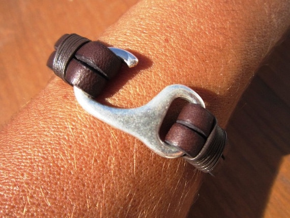 Hook silver and Leather mens bracelet, friendship couples bracelet, men cuff bracelet, handmade silver mens jewelry, unique gifts for men