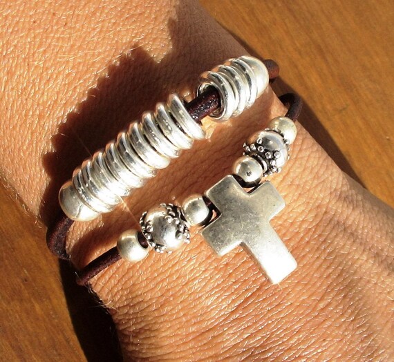 silver cross, cross bracelet, silver bracelet, leather bracelet, bangle Bracelets, etsy beaded barcelets, etsy accessories, charm Bracelet
