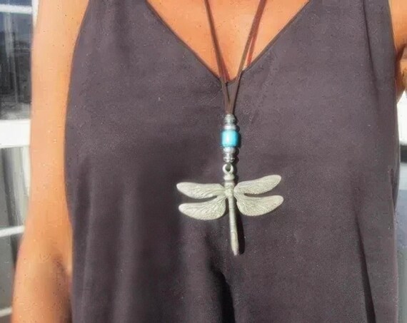 Statement Pendant Charm Dragonfly Necklace • Silver Beaded Necklaces for Women • Handmade PersonalizedJewelry Best selling items Gifts