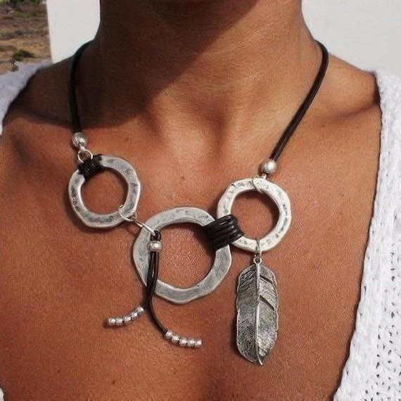 Custom Statement Silver Beaded ring Necklace with Boho Pendant Charm • Custom Personalized Jewelry • Best Selling Items Gift for Her