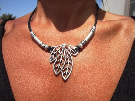 womens silver leaf pendant necklace, boho bohemian jewelry, personalized handmade etsy jewelry shop