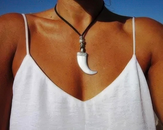 Boho Leather and Silver Beaded Tusk Pendant Necklace • Long Statement Chunky Charm Necklace Gift for Her • Bohemian Jewelry by