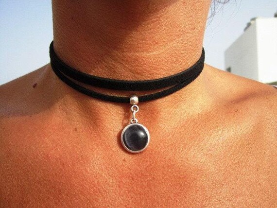Silver Beaded Leather Choker Necklace beaded with black charm  • Handmade personalized jewelry, choose your charm