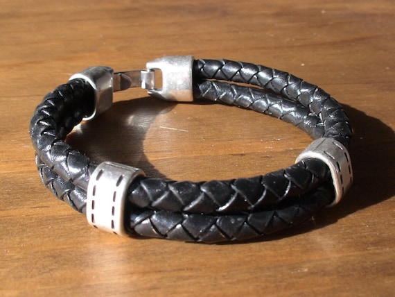 Personalized Leather & Silver Beaded Bracelet Gifts for Men • Handmade Mens Jewelry • Birthday Gift or Custom Jewelry Gift for Him by Kekugi