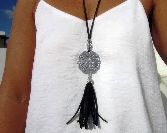 Statement Beaded Necklace with Silver Charm • Bohemian Handmade jewelry • Necklaces for Women • Personalized Jewelry Gift for Her by kekugi