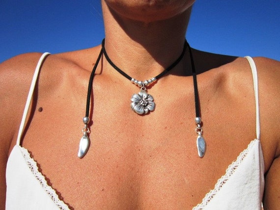 Leather choker necklace with silver flower pendant,  wrap necklace,  bohemian wrap choker,necklace, boho jewelry