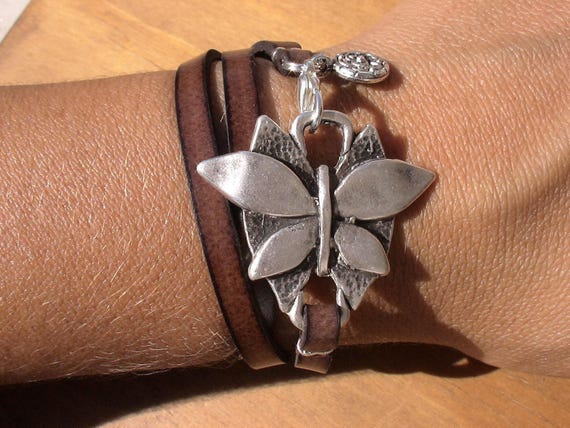 Leather & Silver Charm butterfly Bracelet • Handmade Jewelry Gift for Her • Custom Bracelet Gift • Personalized Jewelry Gifts by Kekugi