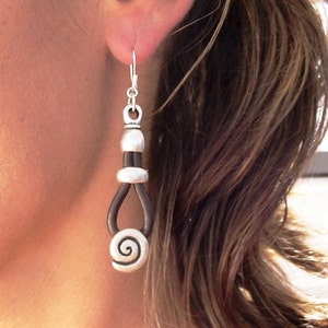 spiral earrings, women's drop earrings, leather earrings, sterling silver earrings, handmade jewelry