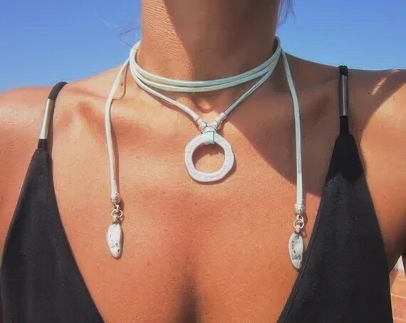 Statement layered silver pendant Necklace made in mint leather • layered beaded necklace • Bohemian Personalized Jewelry