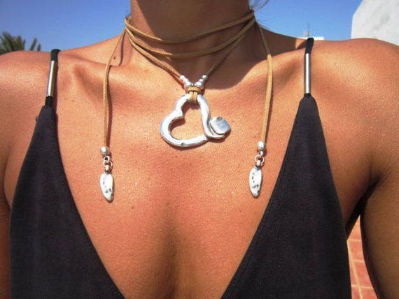Wrap Necklace with Heart Pendant  Boho Minimalist Jewelry  Hippy Chic Design