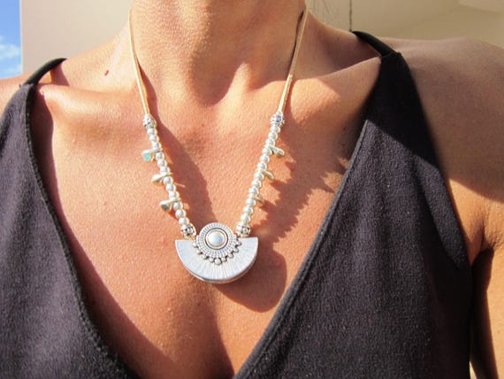 Statement Silver Chunky Pendant leather neotribal Necklace • Bohemian Jewelry Best Selling Items • Gift for Her • Neotribal Jewelry