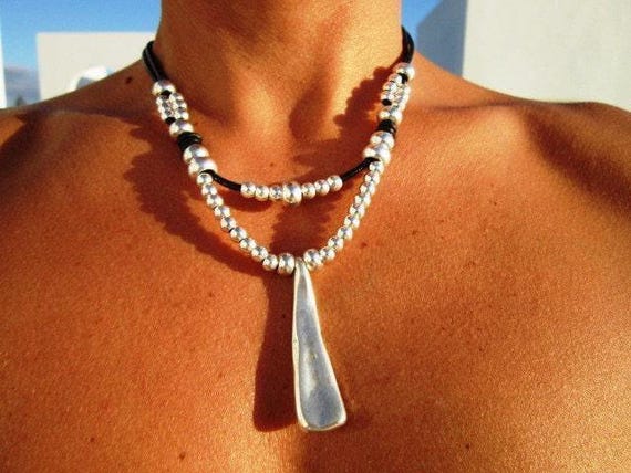 Layered Statement Silver Beaded Necklace with charm • Couples Necklace with Charm • Handmade Personalized Jewelry Gift for Her by Kekugi