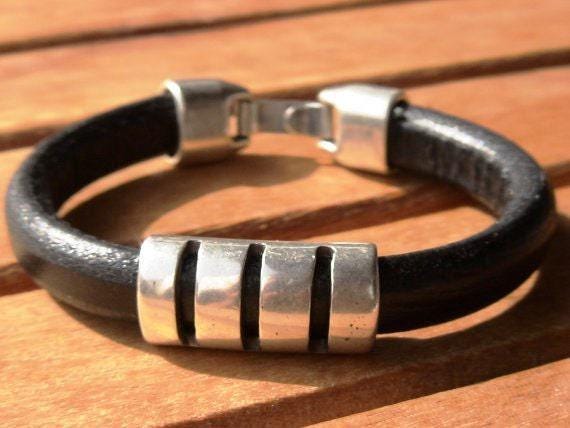 Silver & Leather Custom Bracelet Gift for Him• Personalized Handmade Jewelry Gift • Beaded Charm Bracelet Personalized Gifts