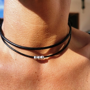 Cute and Simple silver beaded Leather Choker necklace • Unique Customized  Couples Silver Necklace • Personalized Gifts for Her