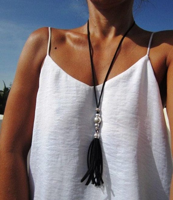 long leather tassel necklace, bohemian jewelry, boho necklace, silver jewelry, fashion jewelry