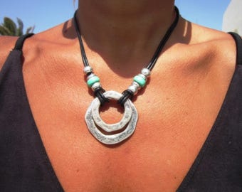 Turquoise Leather Choker Necklace • Silver Couples Necklaces for Women • Bohemian Handmade Turquoise Jewelry • Best selling items by kekugi