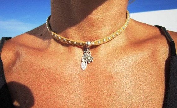 Silver Beaded Necklaces for Women • Leather Choker Necklace beaded with charm  • Handmade personalized jewelry gift for her